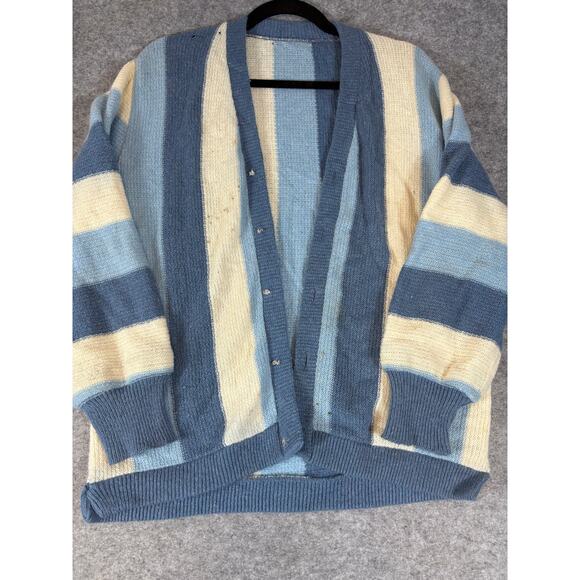 Vintage 50s Striped Cardigan Sweater Mens Small Blue White Button Up Cozy Knit - Picture 1 of 10